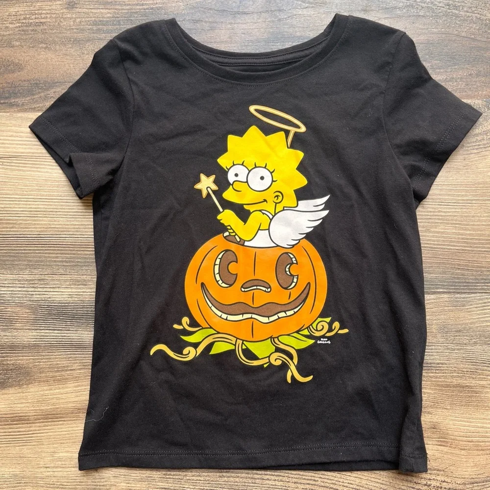 Old Navy Black Tee with Yellow Angel Lisa and Orange Pumpkin Small